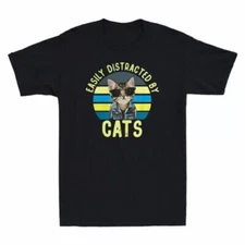 HOT-Easly Distracted By Cats Funny Cat Lover Vintage Men's T-shirt Cotton Black