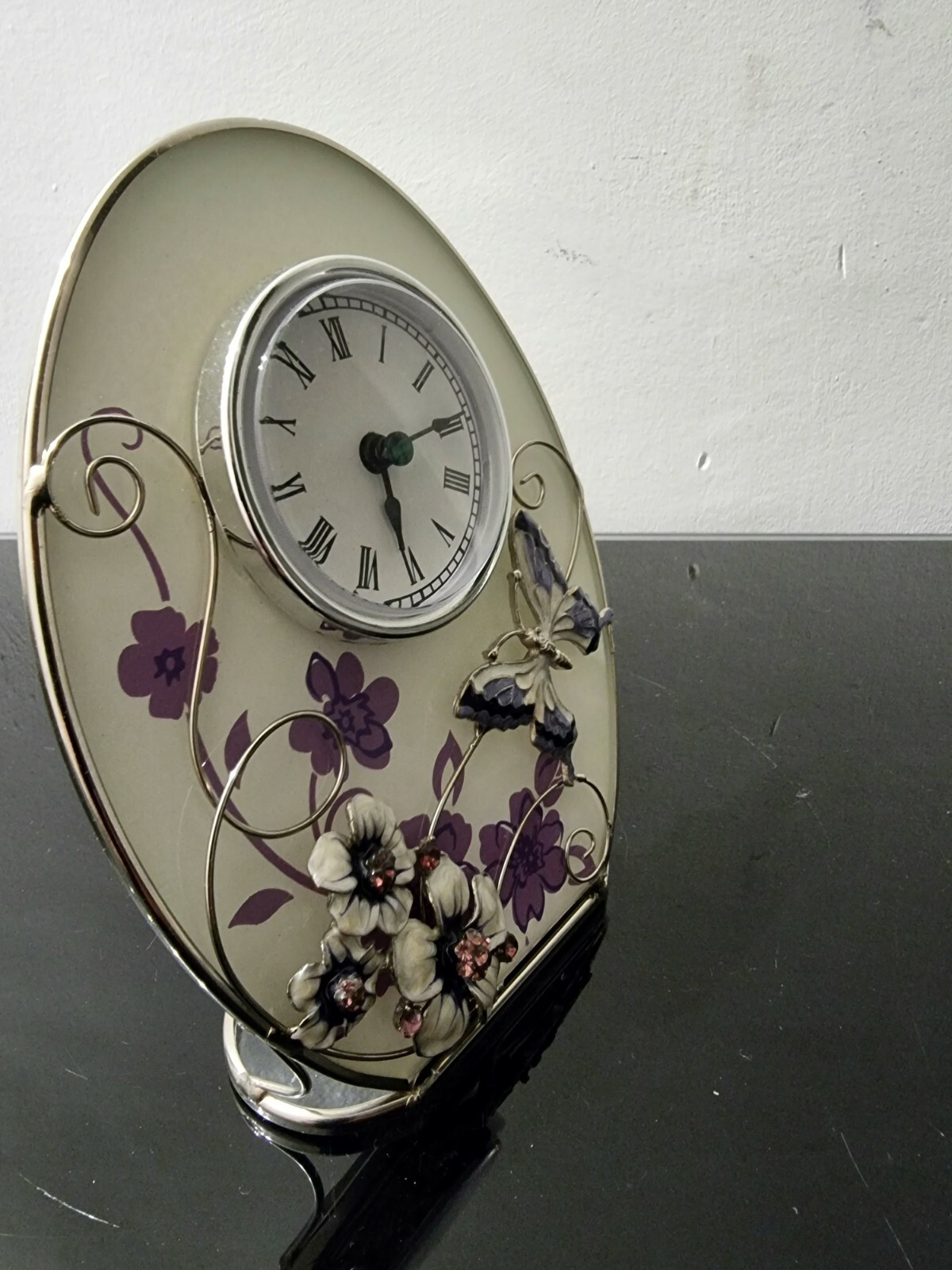 Vintage Juliana Purple Butterfly & Flower Glass Mantel Clock eBay