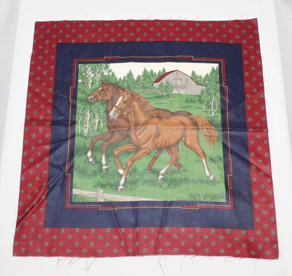 2 fundas de almohada cuadradas con panel de tela para caballos 16" granja árboles galopantes granero rojo azul marino Foto 2 de 3
