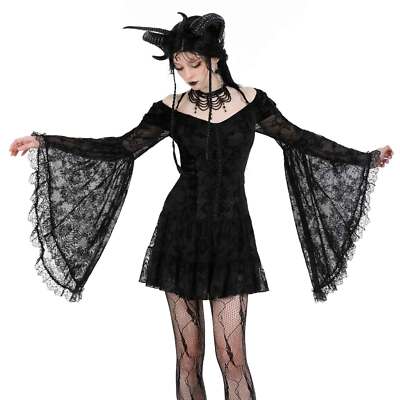 DARK IN LOVE Gothic Mini-Kleid Bell Sleeves Dress Schwarz Samt