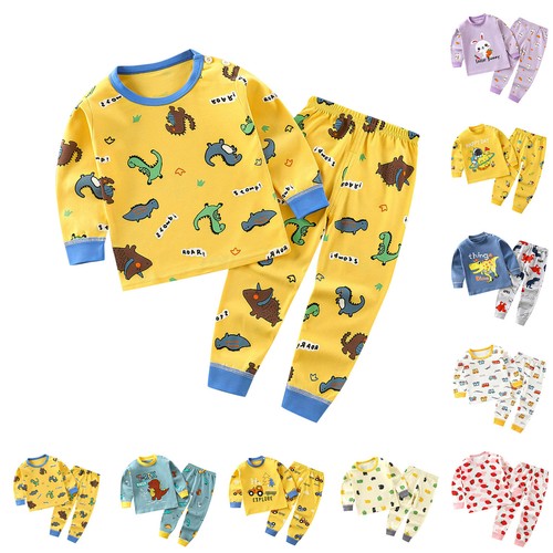Boy Girl 2Piece Cartoon Pajama Cotton Toddler Kids Sleepwear Long Sleeve Pjs Set