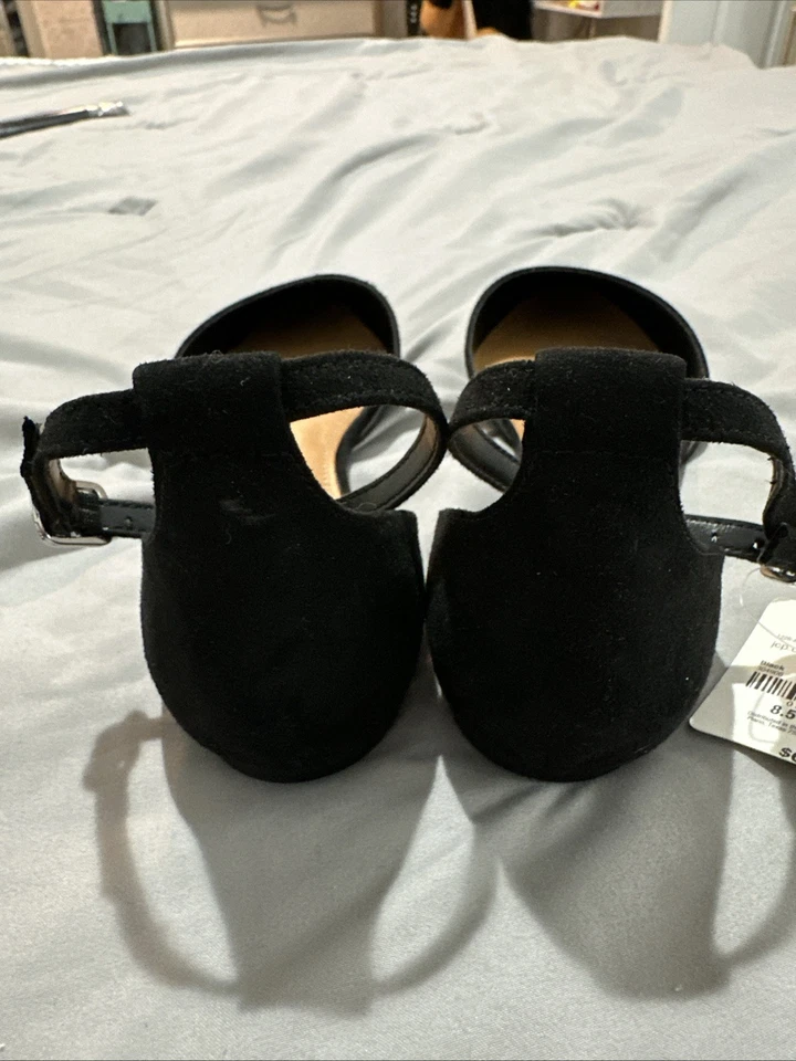 NUEVO CON ETIQUETAS A.N.A Darell Punta Punta Ballet Tirantes Planos Negros Imitación Gamuza Zapatos 8.5M Foto 3 de 4