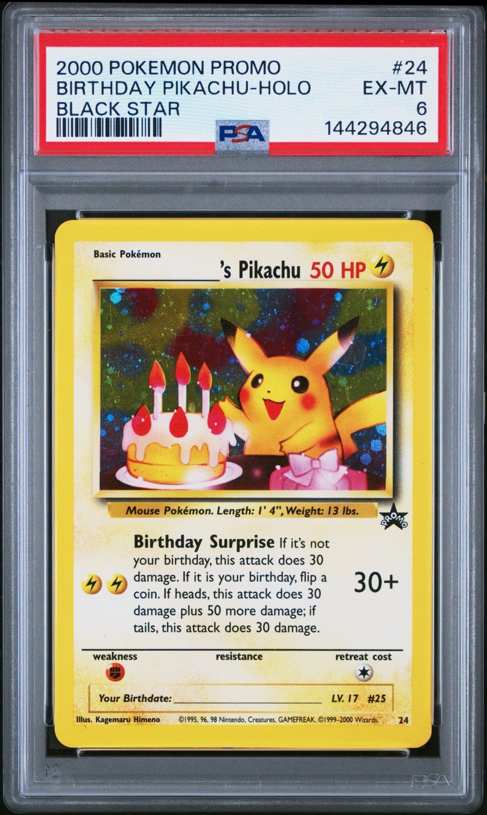 2000 POKEMON PROMO BLACK STAR #24 BIRTHDAY PIKACHU-HOLO BLACK STAR PSA 6 EX MT