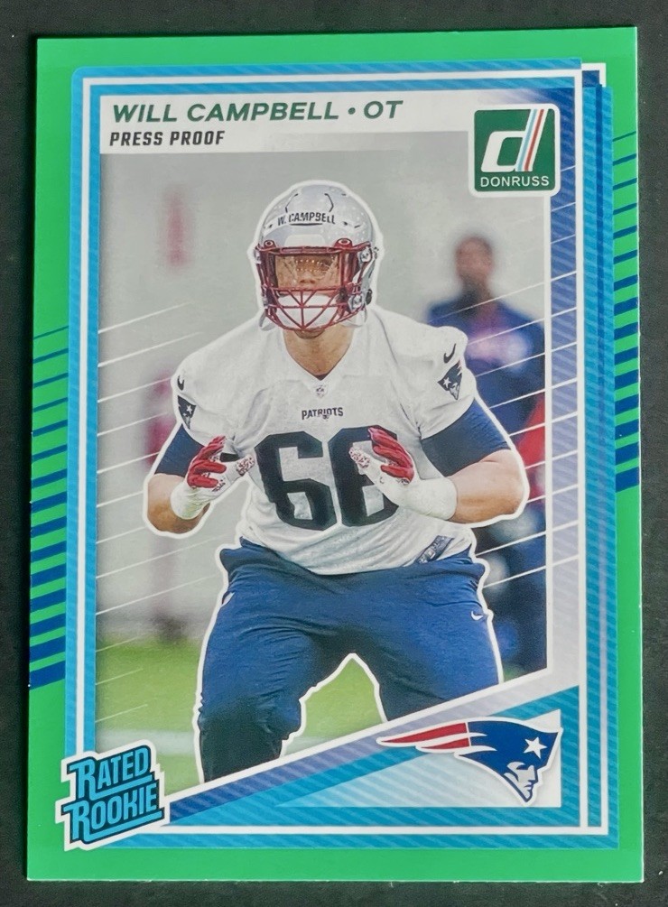 2025 Donruss Will Campbell Rated Rookie Green Press Proof RC #345 Patriots