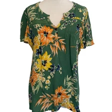 Daniel Rain Green Floral Top Womens Large Pintucked Colorful Boho Blouse