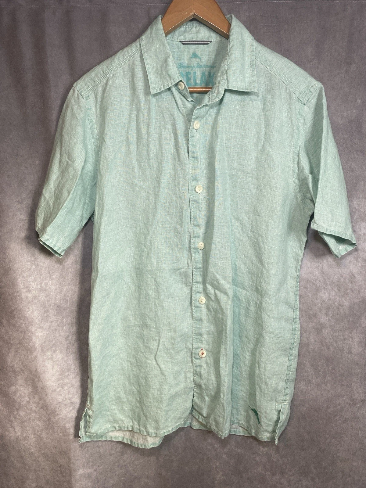 Tommy Bahama Relax Shirt Mens Small Green Button Short Sleeve 100% Linen Spring