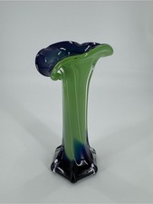 Jack in the Pulpit Art Glass Vase Green Cobalt Blue Murano Style 9in