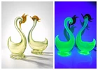 Pair Of Large Blown Glass Uranium Vaseline Swans, Murano-Style, Vintage, Rare