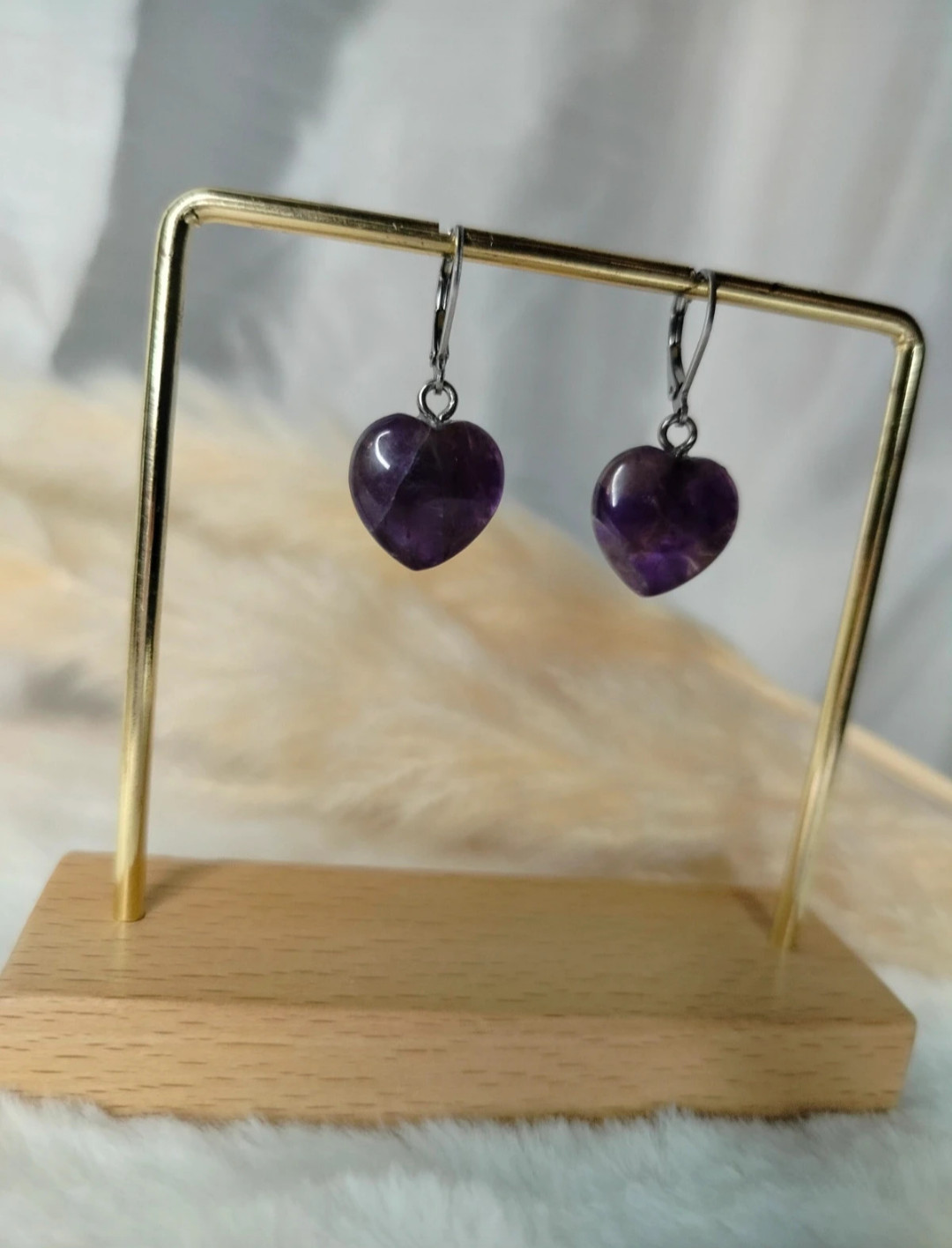 Boucles d'oreilles dormeuses améthyste violette en cœur en argent massif - 3