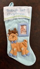 Babys First Christmas Blue Stocking Reindeer Photo Pocket Toys"R"Us 2017 Blue