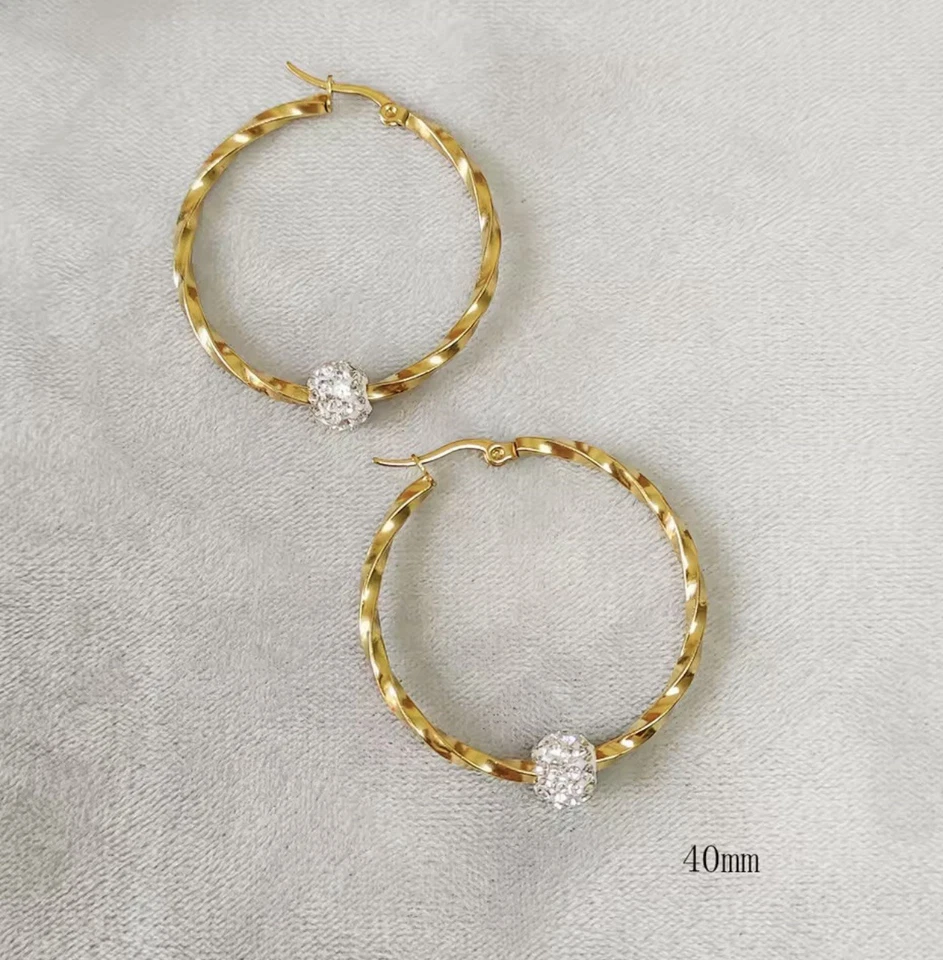9ct Yellow Gold Filled Large Twist  Round Hoop Crystal Ball  40-70mm  Earrings - Image 2 of 4