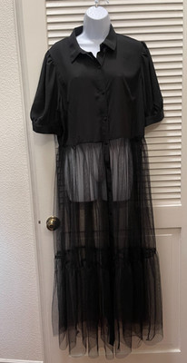 Lilly's Kloset 2XL Black Sheer Mesh Tulle Shirt Dress Overlay Puff Sleeve Midi