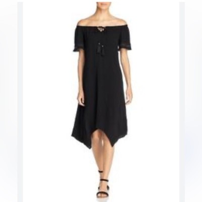 Off Shoulder Dress Black Handkerchief Hem Tassel Tie Casual Midi