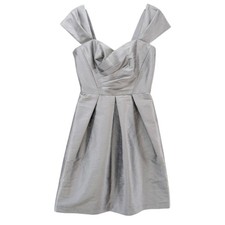 Alfred Sung Fit Flare Dress Quarry Dupioni Metallic Silver Pleated Size 8