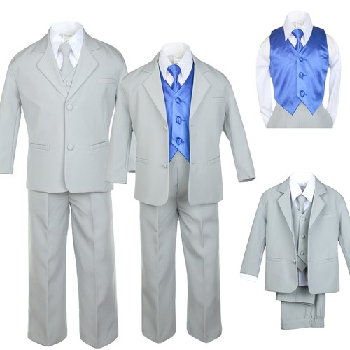 Hermosa New Baby Toddler Boy 7pcs Formal Light Gray Suit + Color Vest Long Tie - Picture 16 of 16