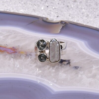 Aquamarin Ring, 925er Silber, Edelsteinring (23525), mit Biwa Perle