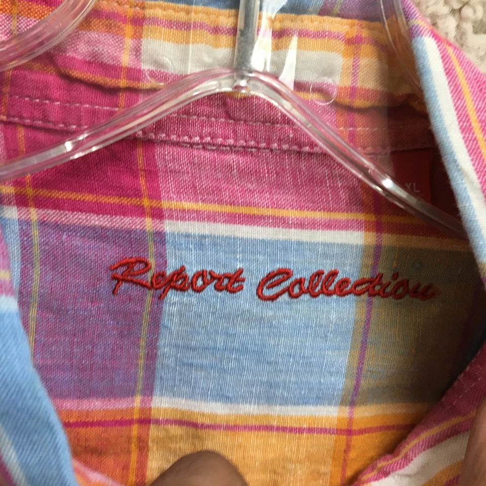 Camisa Abotonada Colección Report Extra Grande Adulto Amarillo Rosa Lino Madras Hombres Foto 3 de 4