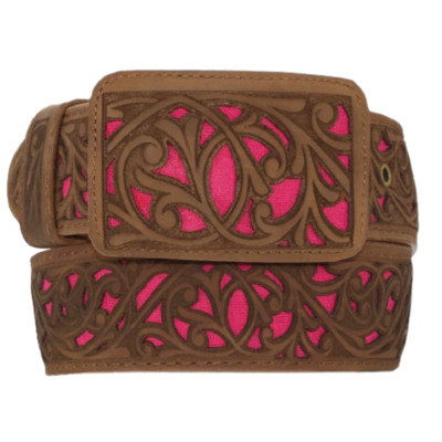Handcrafted Full Grain Genuine Leather Cowgirl Western Laser Choco/Pink Belt
