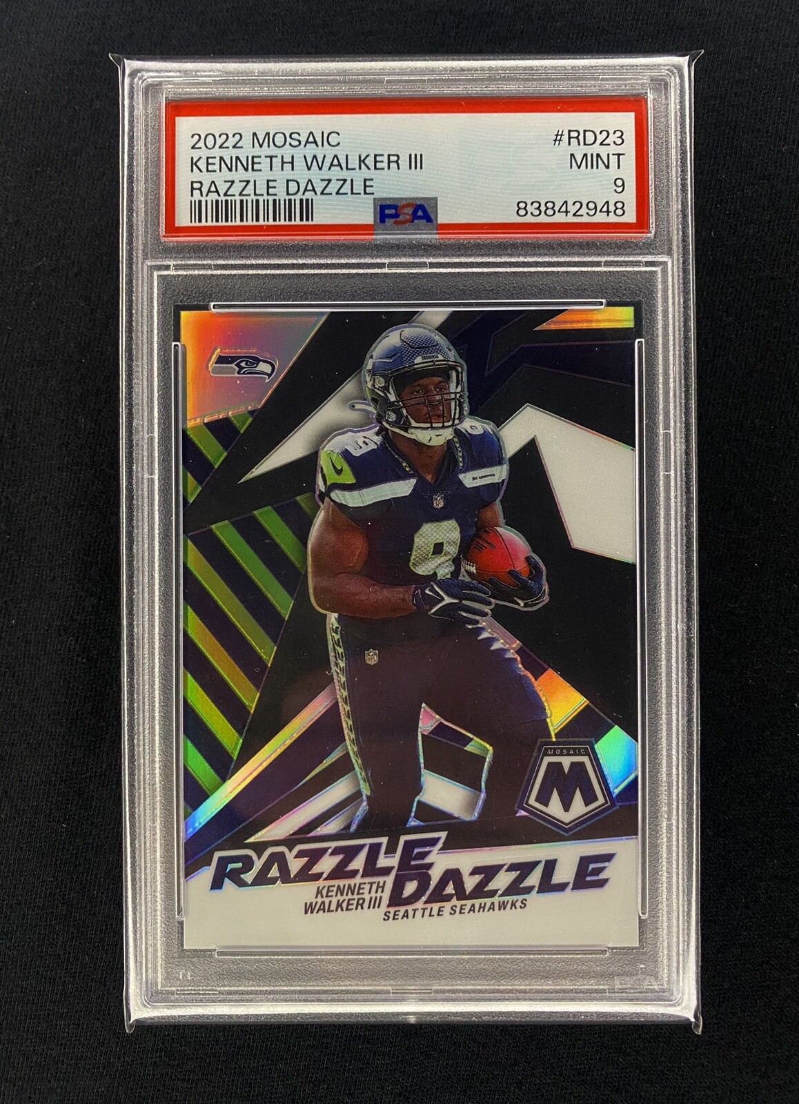 2022 Panini Mosaic Kenneth Walker III Razzle Dazzle Case Hit #RD-23 SSP PSA 9