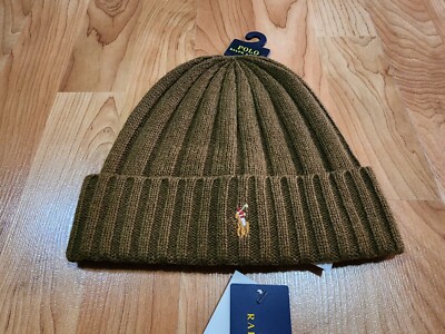 Polo Ralph Lauren Mens Wool Cuffed Beanie Hat Medium Olive Green Multicolor  Pony