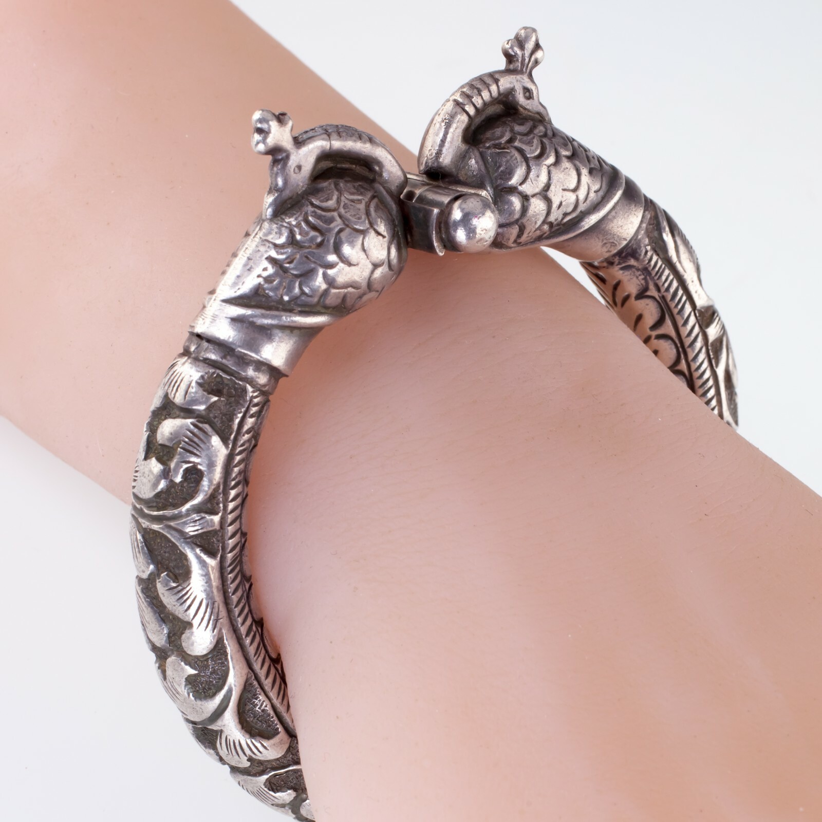 Vintage Tribal India Chitai Peacock Silver Cuff Bracelet, Hand Carved