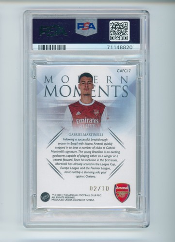 2021-22 Gabriel Martinelli Futera Modern Moments Arsenal Rookie Card 2/10 PSA 10 - Bild 2 von 3