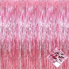 4 Pack Pink Foil Fringe Curtain Backdrop 3.2Ft x 9.8Ft Metallic Tinsel Foil F...