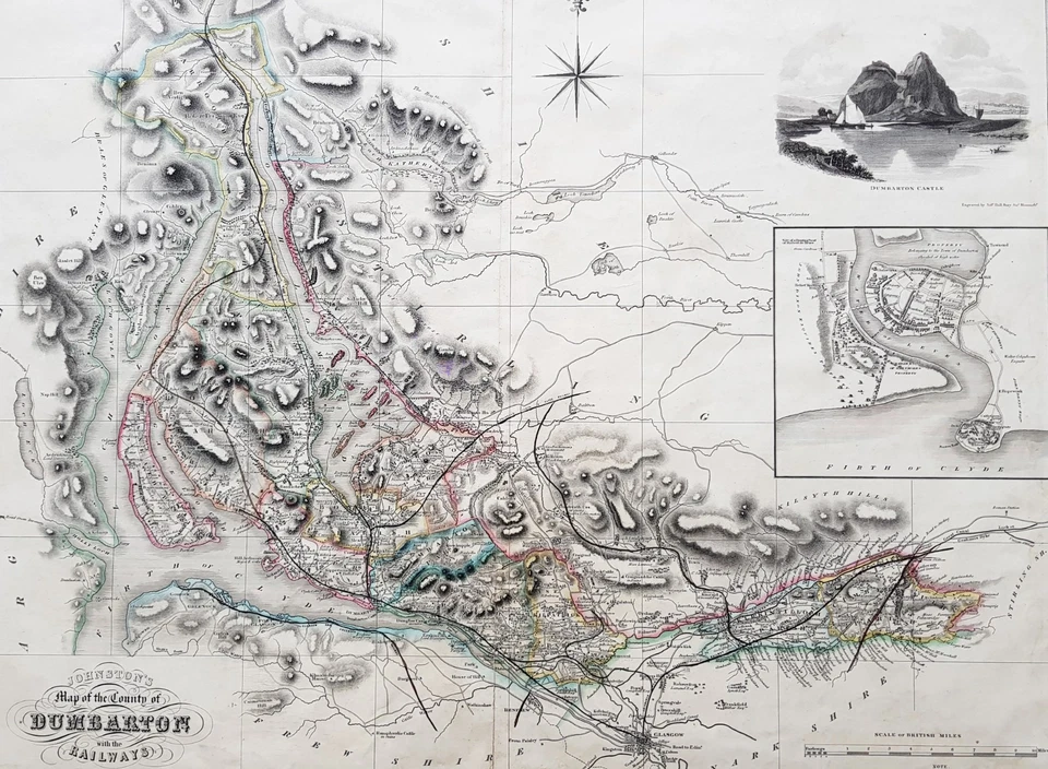 1841 Johnston Large Antique Railway Map of Dumbarton, Dunbartonshire Scotland - Image 2 of 3