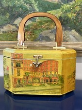 Floral Building Scenic Wood Box Purse Handbag Bag Pink Orange Green Vtg 60s 70s