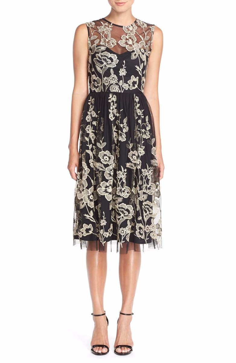 Beige by eci Black Taupe-Gold Embroidered Mesh Cocktail Social Dress 6 $130