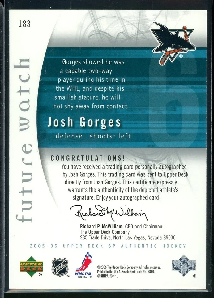 2005-06 SP Authentic Future Watch #183 Josh Gorges Autographs RC 173/999 - Image 2 of 2
