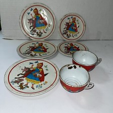 Vintage Little Red Riding Hood Metal Tin Dish Set 3 Plates 2 Saucers 2 Cups