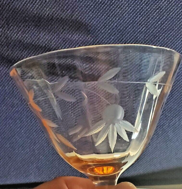 Pink Depression Glass Stemmed Wine Serbert Footed Etched Floral