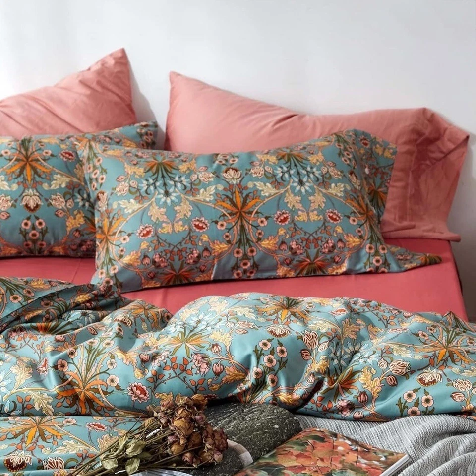 NUEVO Anthropologie Azul Naranja Boho King Size Ropa de Cama Edredón Floral Falso Estuche Set Foto 3 de 4