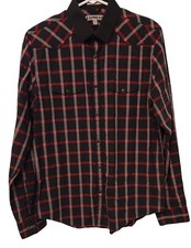 Express Western Shirt Pearl Snap Plaid Fitted Black/Red/Gray 15-15.5 Medium