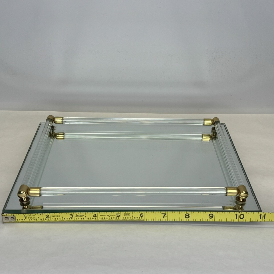 Vintage Mirror Glass Vanity Tray Gold Trim Makeup Rectangular Perfume
