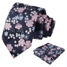 Mens 3.15'' Natural Flower Pattern Tie with Floral Pocket 146-navy Blue pink