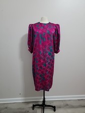 1980s Flora Kung Hot Pink Green Silk Floral Drop Waist Dress Balloon Sleeves 10