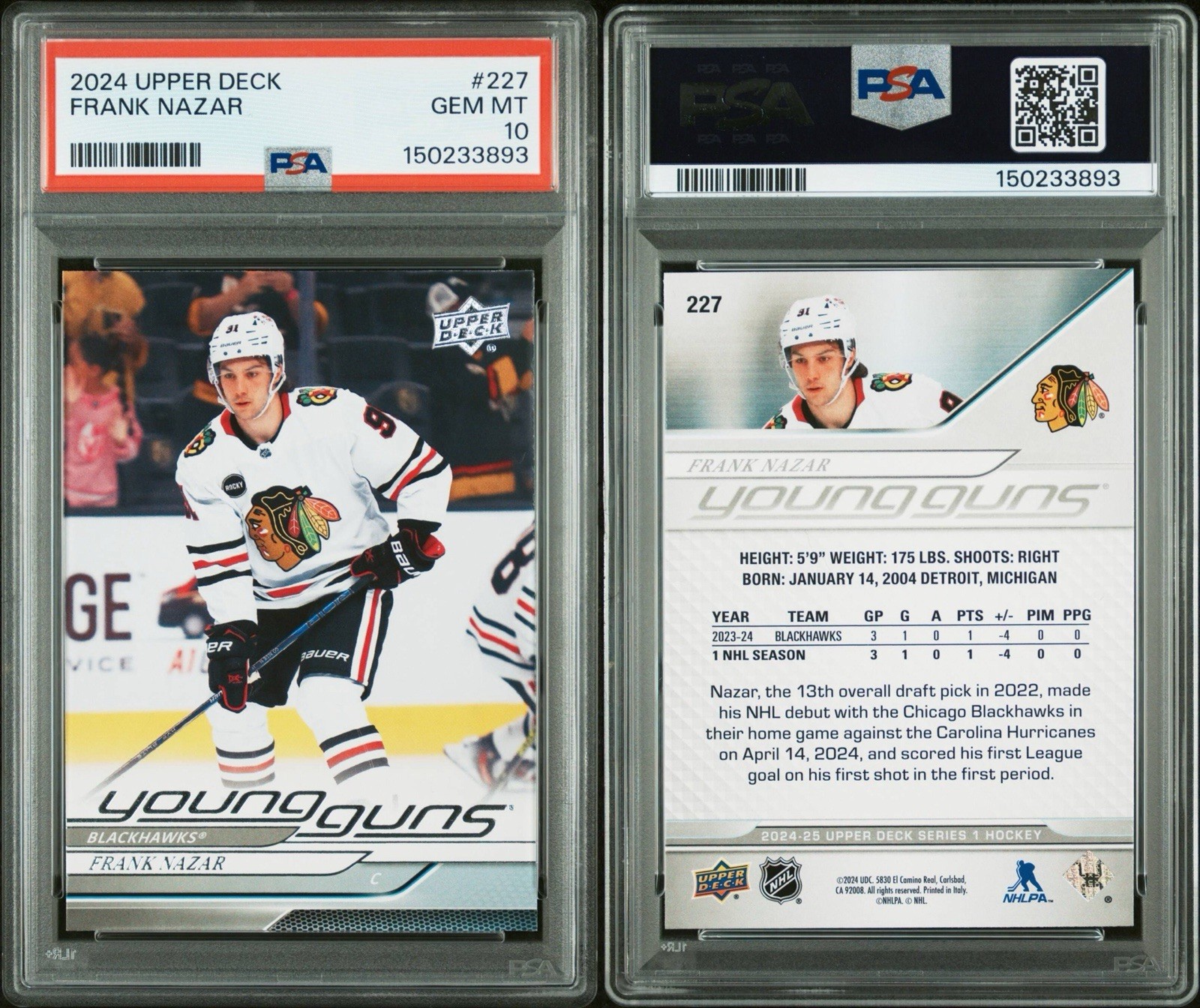 Frank Nazar 2024 Upper Deck Young Guns Rookie RC #227 PSA 10 Gem Mint Blackhawks view 3