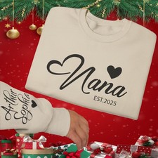 Personalised Nana Heart EST Jumper Custom Grandkids Names on Sleeve Gift Top