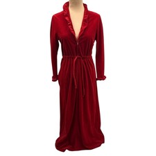 Vintage 1970s Red Velour Zip Front Robe Lounge Dress Ruffle Collar Belted M 55"