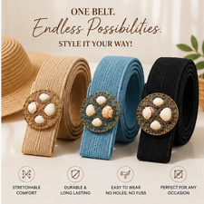 Ladies Elastic Waist Belt Round Shell Buckle Dress Jeans Fashion Belt