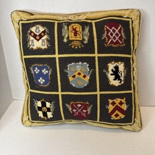 Vintage French Medieval Crests Needlepoint Pillow With Velour Back Cross Stitch