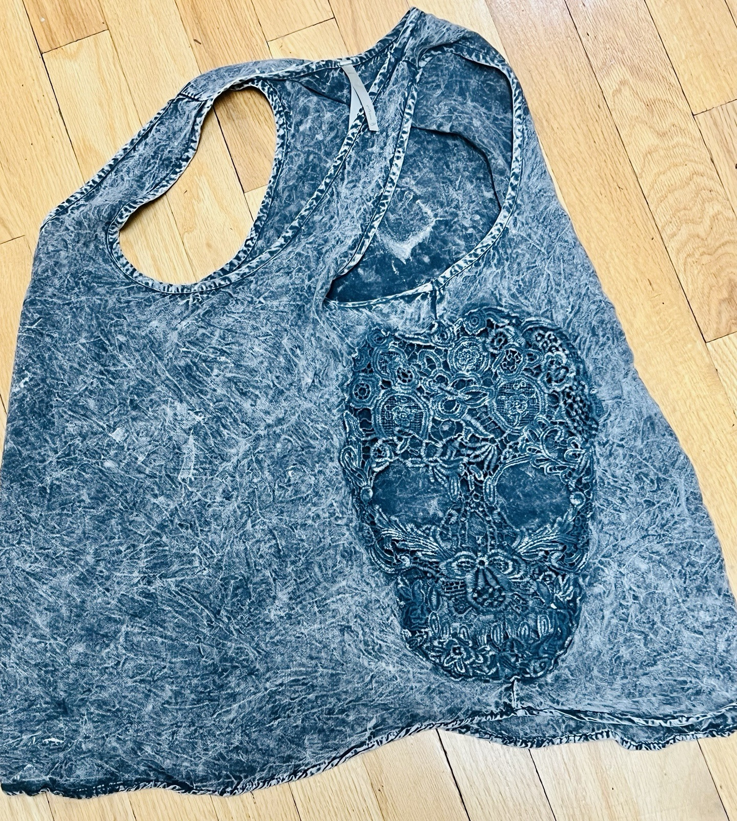 Distressed Gray Top SKULL LACE Panels Flowy Gothic Fairy Witch Core Y2K USA Med