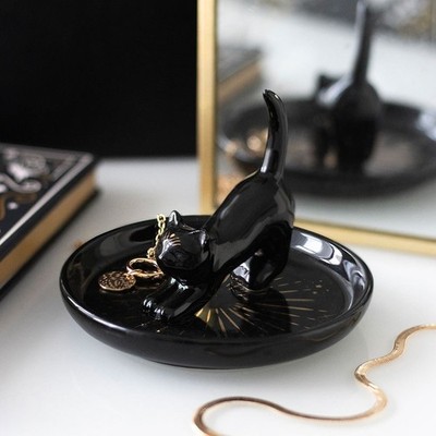 3D Schwarz & Gold Schwarze Katze Magie Witchy Gothic Keramik Schmuck Schale
