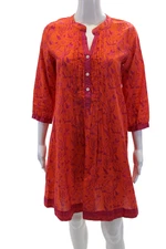 La Plage Womens Cotton Floral V-Neck 3/4 Sleeve A-line Dress Orange Size S