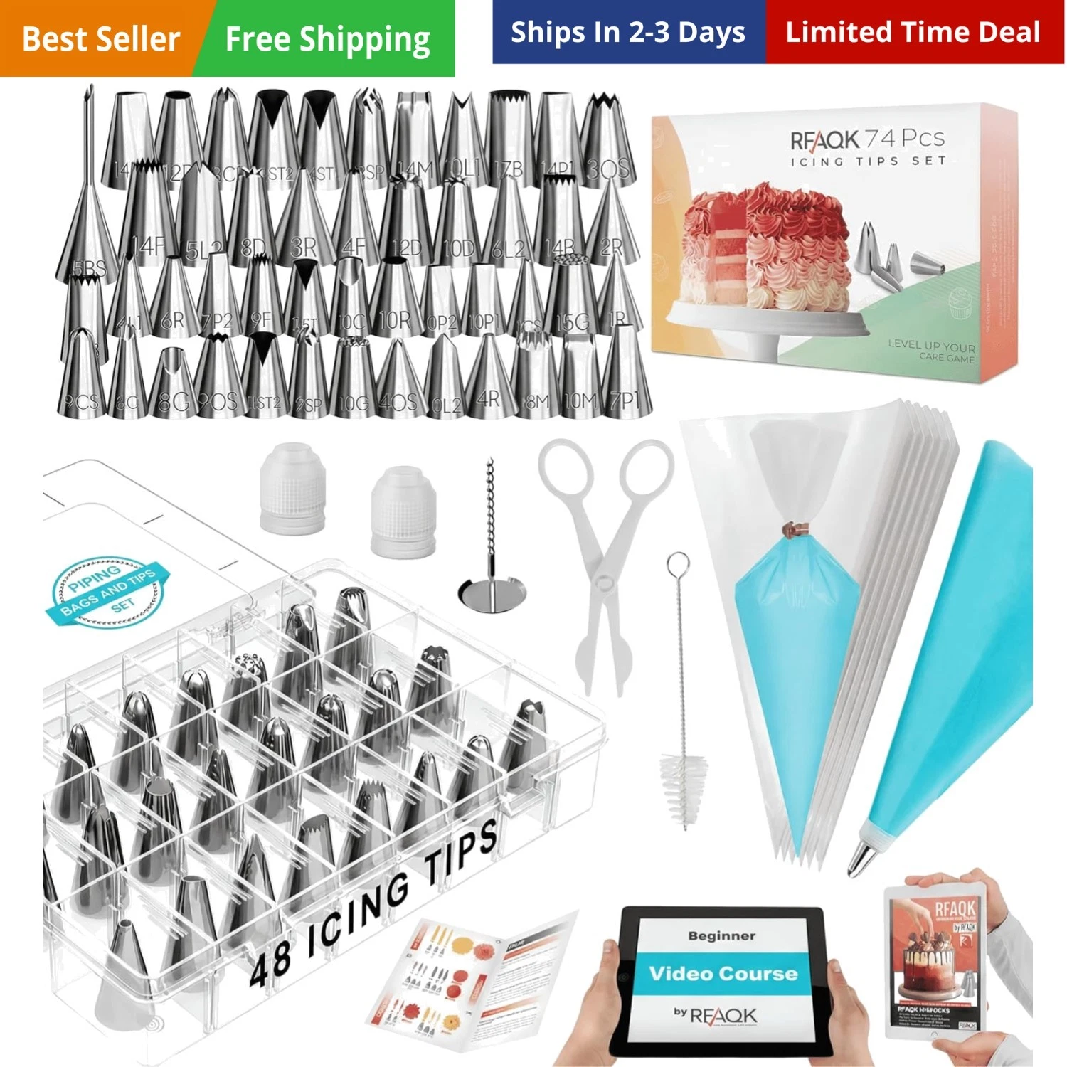 74 PCs Icing Piping Bags and Tips Set, Cake Decorating Kit with 48-Numbered P...