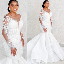 Elegant Mermaid Wedding Dresses Sheer Neck Full Sleeves Lace Sequins Bridal Gown