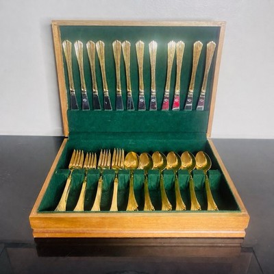 KANU Pattern 12 Person Set Gold Plated Stainless Flatware Japan Serving Wth Box