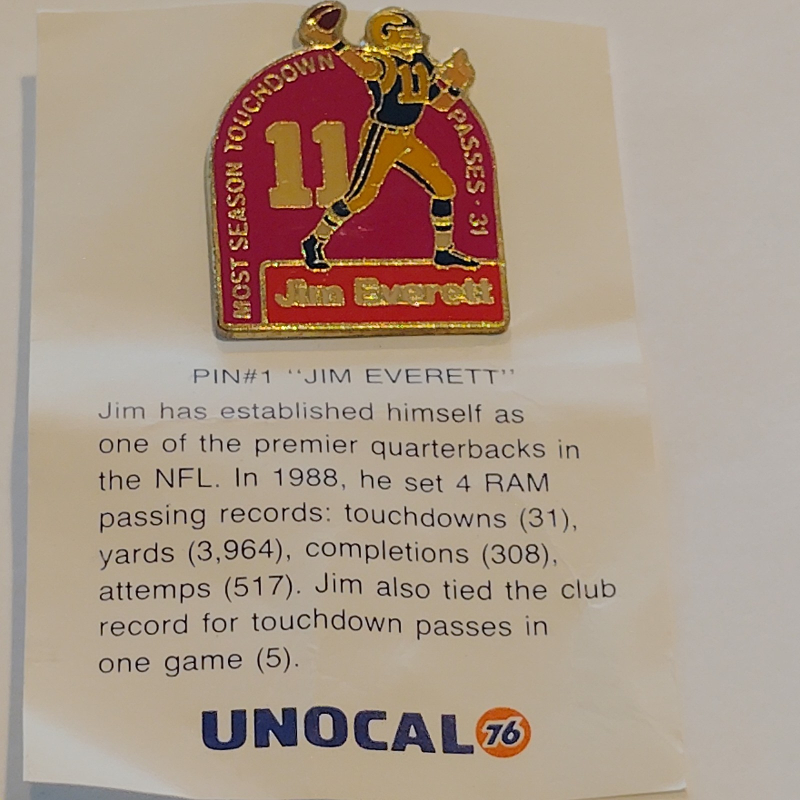 Jim Everett LA Rams Unocal 76 Pin #1 Series Most Season TD Passes 31 Collectible
